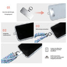 3 steps to attach a Twinkle All The Way scrunchie phone wrist strap: pass the tab through the charging port, fit the case, clip on the wrist strap