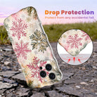 Champagne Snowfall Wavy Luxe MagSafe iPhone case, pink and gold glitter snowflakes on cream, standing on cracked pavement to show drop protection
