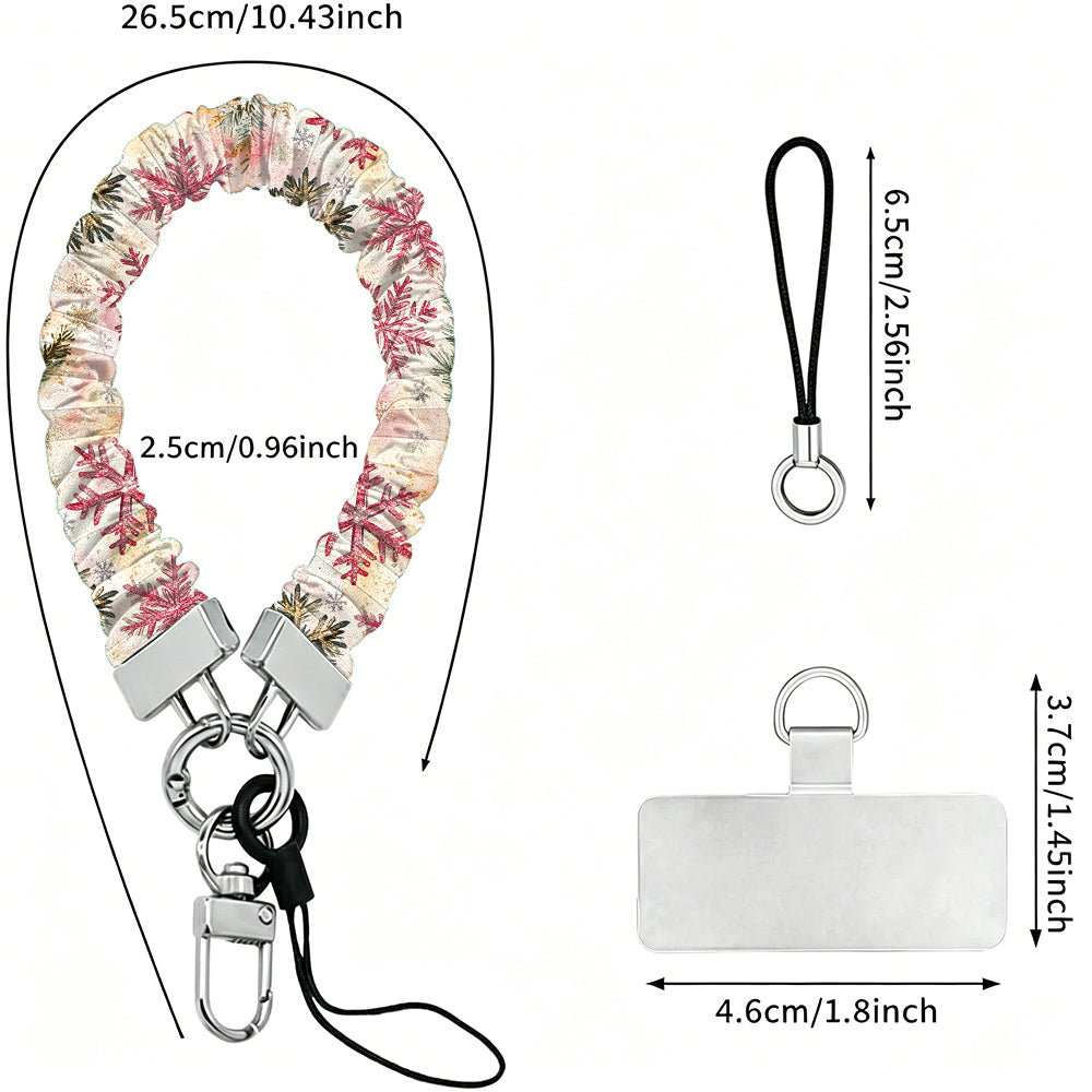 Scrunchie phone wrist strap dimensions: 26.5 cm strap, 2.5 cm wide, 6.5 cm loop, 4.6 x 3.7 cm phone tab