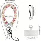 Scrunchie phone wrist strap dimensions: 26.5 cm strap, 2.5 cm wide, 6.5 cm loop, 4.6 x 3.7 cm phone tab