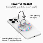 Pastel Paradise iridescent floral MagSafe phone grip ring with glowing lavender blue and coral petals compatible with iPhone and Samsung