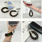 Four ways to use the Christmas Lights scrunchie phone wrist strap: with its phone tab, dangling from a phone, worn on the wrist and clipped to a bag