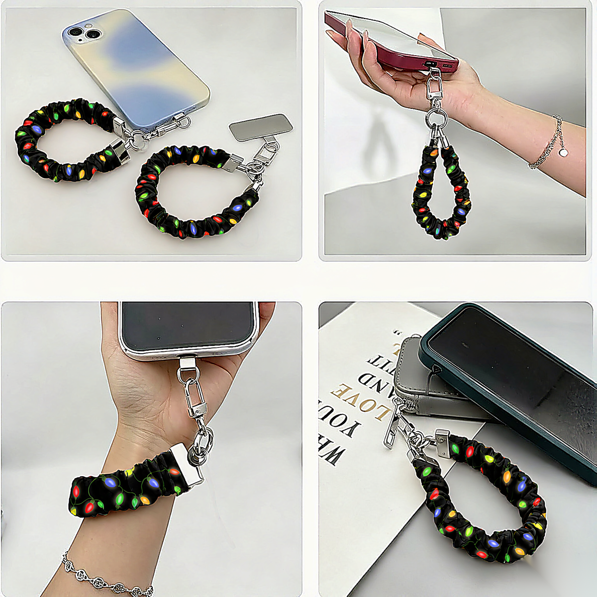 Four ways to use the Christmas Lights scrunchie phone wrist strap: with its phone tab, dangling from a phone, worn on the wrist and clipped to a bag