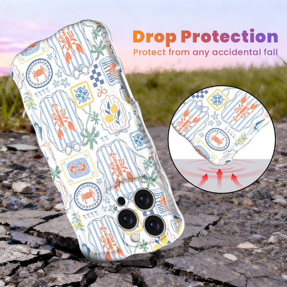 Trendy blue and white wavy iPhone case featuring a nautical collage of orange lobsters, crabs, lemons, and palm trees with a high-gloss finish.