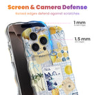 Trendy light yellow and blue wavy iPhone case featuring a Mediterranean collage of lemons, Capri travel stamps, and yellow tulips with a high-gloss finish.