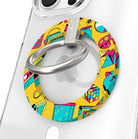 Oops It's the 90's retro pop art MagSafe phone grip ring with yellow background and colorful drawings of cassette players puzzle cubes and brick phones compatible with iPhone and Samsung
