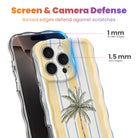 Trendy wavy iPhone case featuring a central palm tree on a soft yellow and sky-blue vertical striped background with a high-gloss finish.