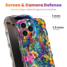 Trendy wavy iPhone case featuring a vibrant tropical pattern of red macaws, pink hibiscus, and green palm leaves with a high-gloss finish.