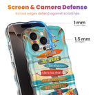 Trendy wavy iPhone case featuring a beach scene with colorful surfboard signs and a "Life is too short to be happy" quote with a high-gloss finish.