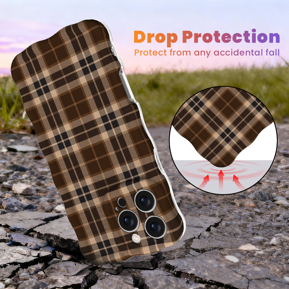 Toffee Tartan Wavy Luxe MagSafe iPhone case with a brown, tan and cream tartan plaid print from Fancy Bands