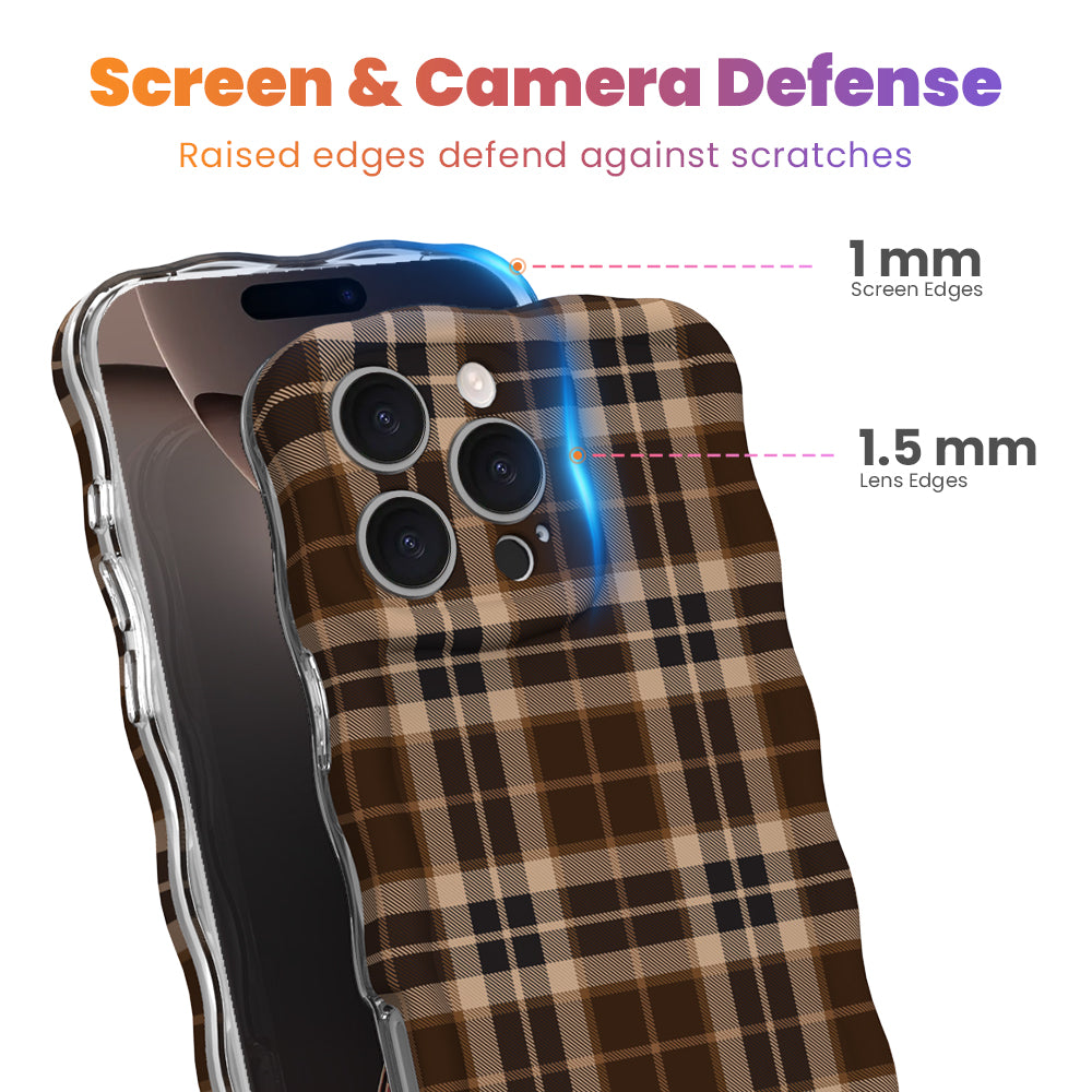 Toffee Tartan Wavy Luxe MagSafe iPhone case with a brown, tan and cream tartan plaid print from Fancy Bands