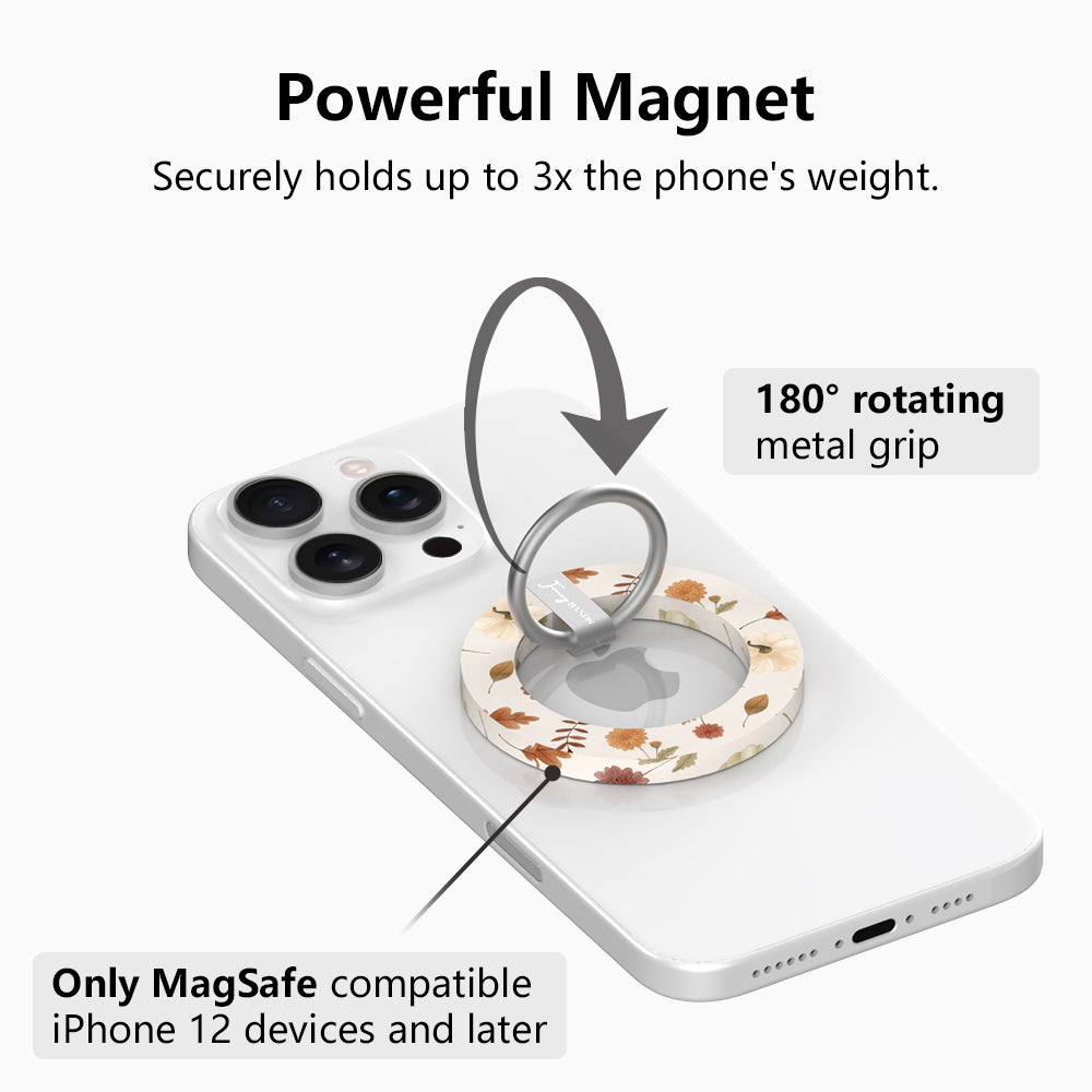 Powerful magnet diagram for the Fall Floral Bliss MagSafe grip ring, showing the 180 degree rotating metal grip that holds up to three times the phone's weight on MagSafe iPhone 12 and later.