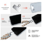 3 steps to attach a Deck Yourself in Bows & Holly scrunchie phone wrist strap: pass the tab through the charging port, fit the case, clip on the wrist strap