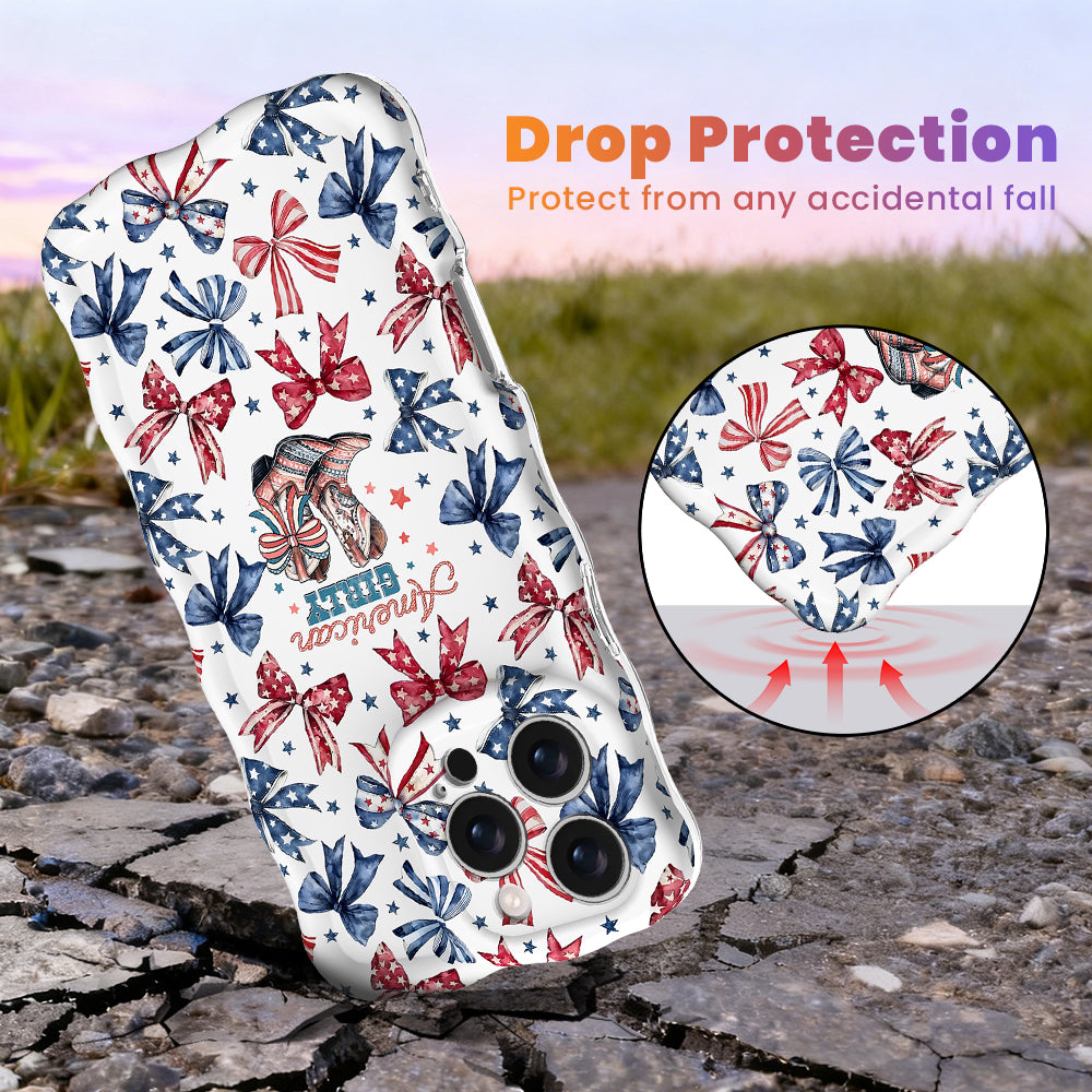 Trendy wavy iPhone case featuring a patriotic coquette pattern of red, white, and blue bows, stars, and watercolor cowboy boots with a high-gloss finish.