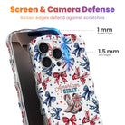 Trendy wavy iPhone case featuring a patriotic coquette pattern of red, white, and blue bows, stars, and watercolor cowboy boots with a high-gloss finish.