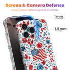 Trendy wavy iPhone case featuring an American flag illustration surrounded by a red and blue watercolor floral pattern with a high-gloss finish.