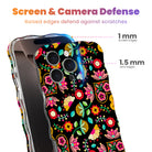Trendy black wavy iPhone case featuring an intricate folk art botanical pattern of red flowers, magenta details, and yellow fan petals with a high-gloss finish.