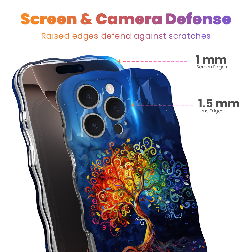 Trendy wavy dark blue iPhone case featuring an intricate, colorful rainbow tree of life illustration beneath a subtle fantasy castle silhouette with a high-gloss finish.