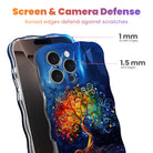 Trendy wavy dark blue iPhone case featuring an intricate, colorful rainbow tree of life illustration beneath a subtle fantasy castle silhouette with a high-gloss finish.