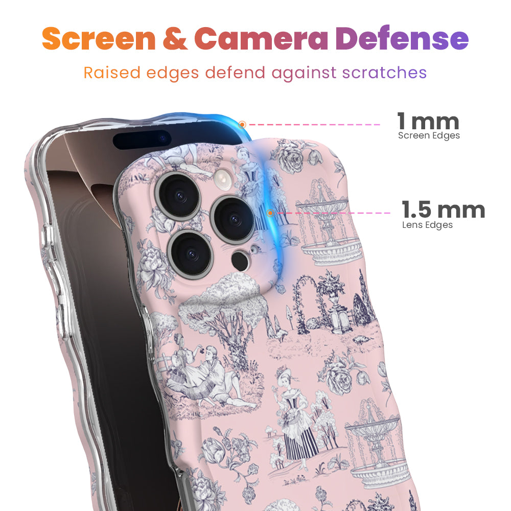 French Affair Wavy Luxe MagSafe iPhone case with a pink and navy toile de Jouy print design from Fancy Bands