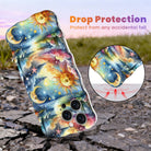 Trendy wavy iPhone case featuring a vibrant celestial surrealism design of a golden sun, crescent moon, and pastel watercolor clouds with a high-gloss finish.