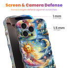 Trendy wavy iPhone case featuring a vibrant celestial surrealism design of a golden sun, crescent moon, and pastel watercolor clouds with a high-gloss finish.