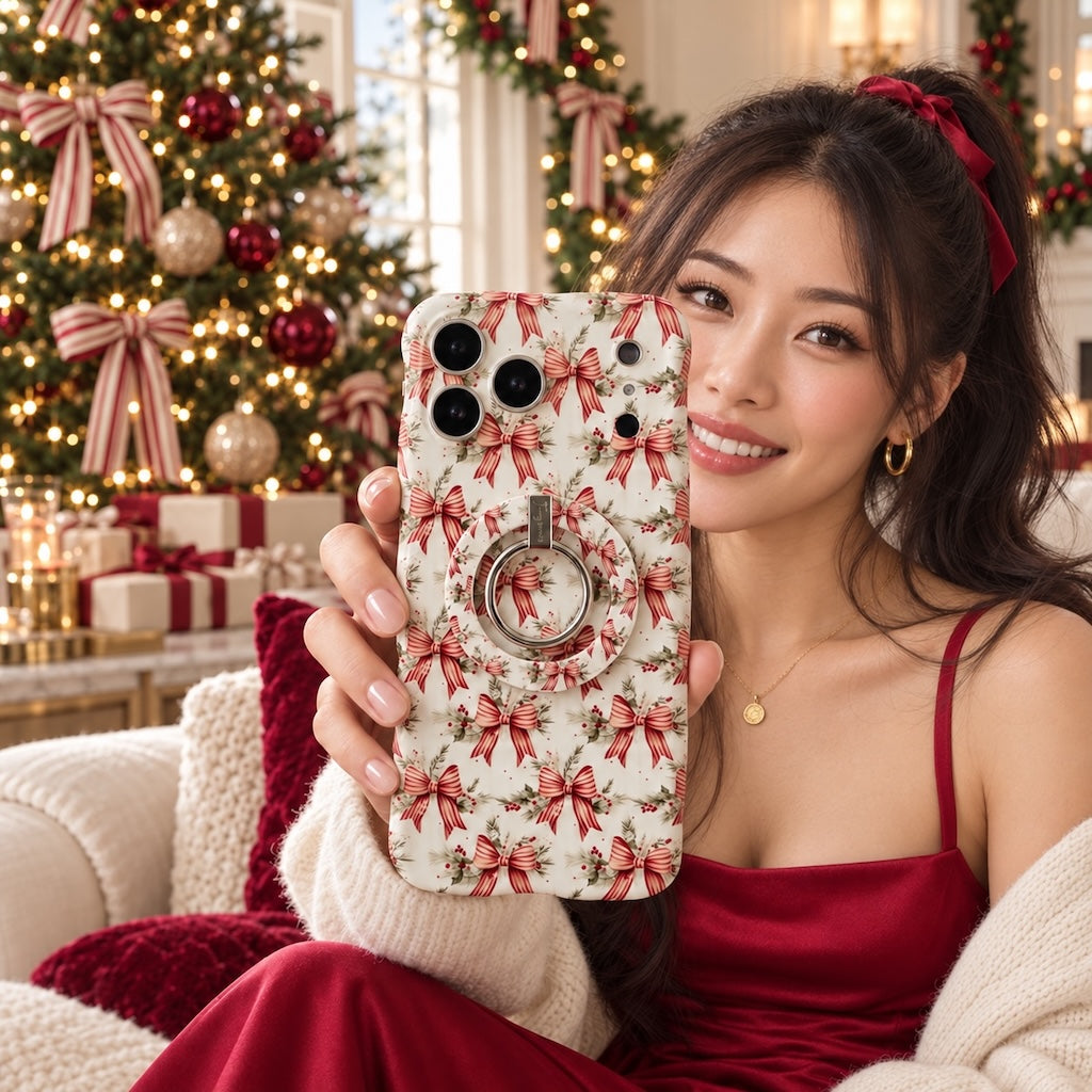 Woman in a red satin dress and cream cardigan holding the Deck Yourself in Bows & Holly iPhone case with matching grip ring beside a bow-trimmed Christmas tree