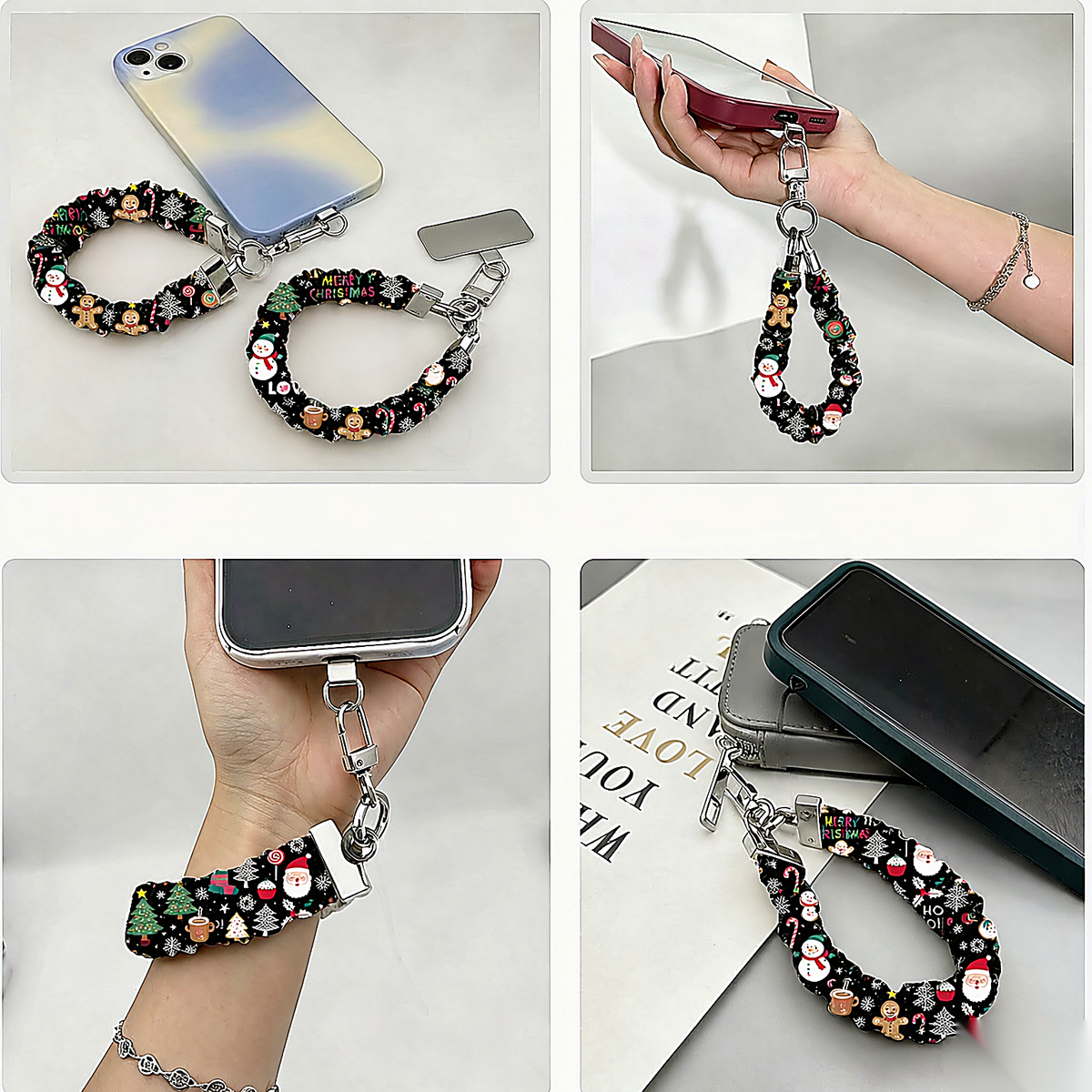 Four ways to use the Jolly Wrist-mas scrunchie phone wrist strap: with its phone tab, dangling from a phone, worn on the wrist and clipped to a bag