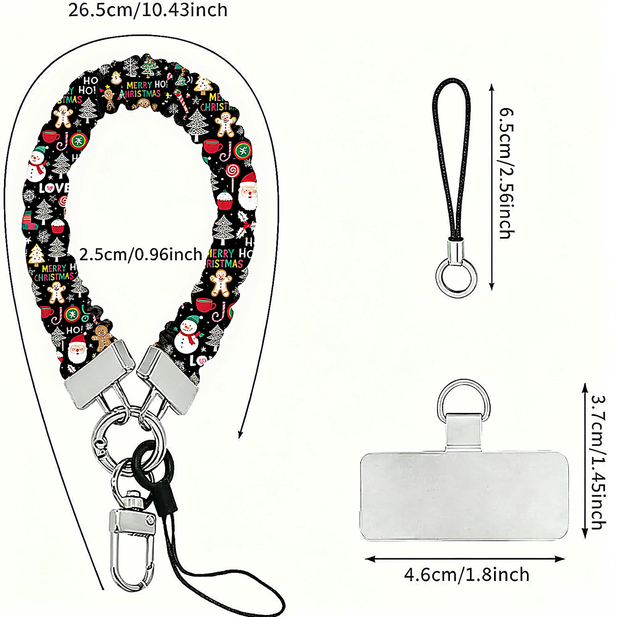 Jolly Wrist-mas scrunchie phone wrist strap dimensions: 26.5 cm strap, 2.5 cm wide, 6.5 cm loop, 4.6 x 3.7 cm phone tab