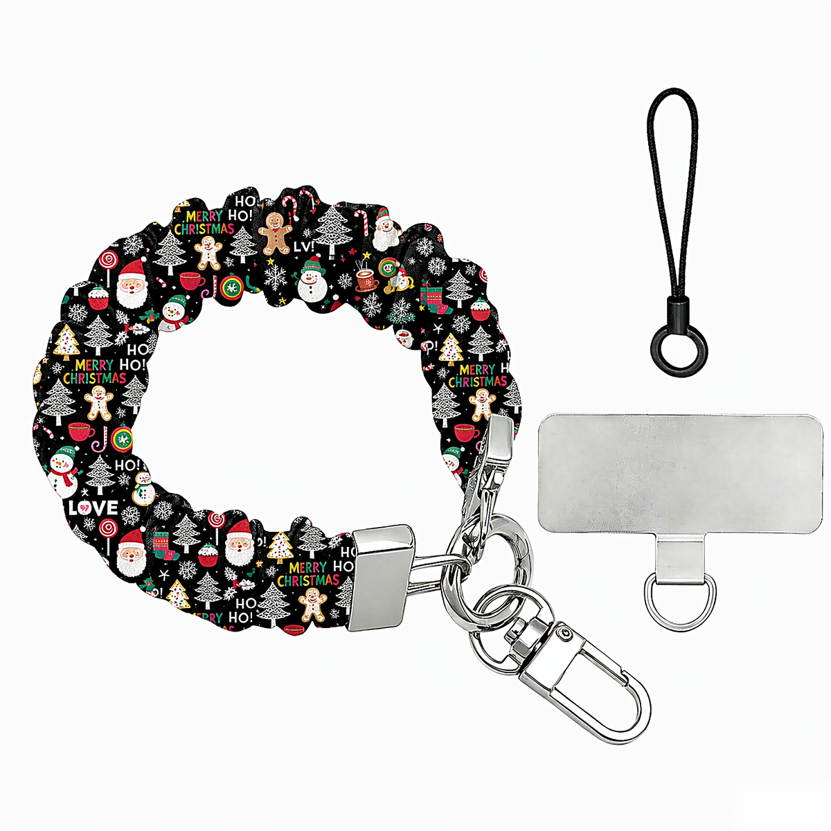 Jolly Wrist-mas scrunchie phone wrist strap laid flat, Santas, snowmen and gingerbread on black, with silver clasp, lanyard loop and phone tab