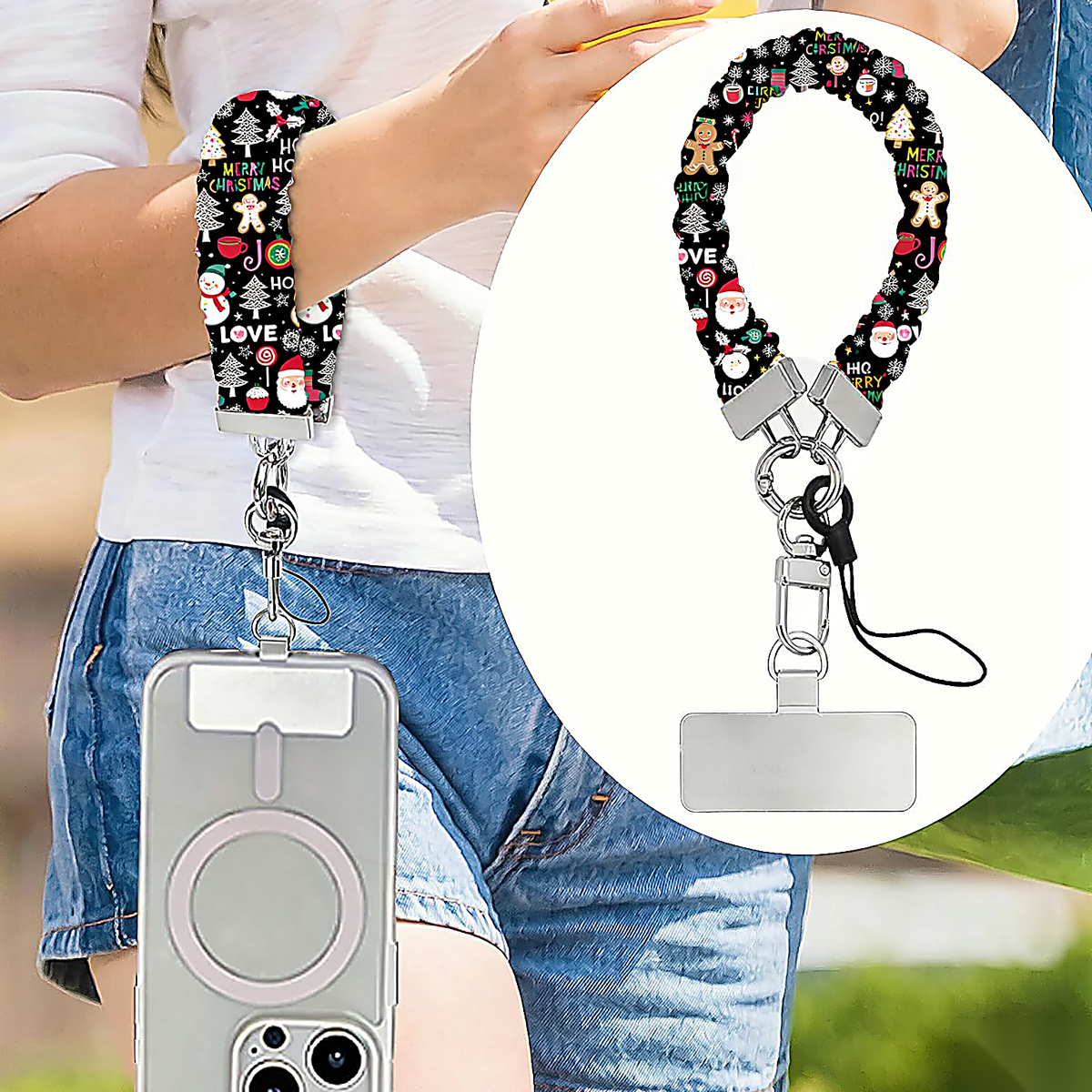 Jolly Wrist-mas scrunchie wrist strap worn on the wrist with an iPhone hanging from it, plus close-up of the strap and phone tab