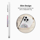 Side view of the slim No Peeking, Darling grip ring with collapsible ring, and a phone with the pastel present grip sliding into a jeans pocket