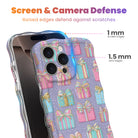 No Peeking, Darling iPhone case with 1 mm raised screen edges and 1.5 mm raised camera lens edges, pastel gift boxes with gold-edged bows