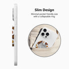 Slim design diagram for the Harvest Sunflowers MagSafe grip ring, showing the low-profile collapsible ring sliding easily into a pocket.