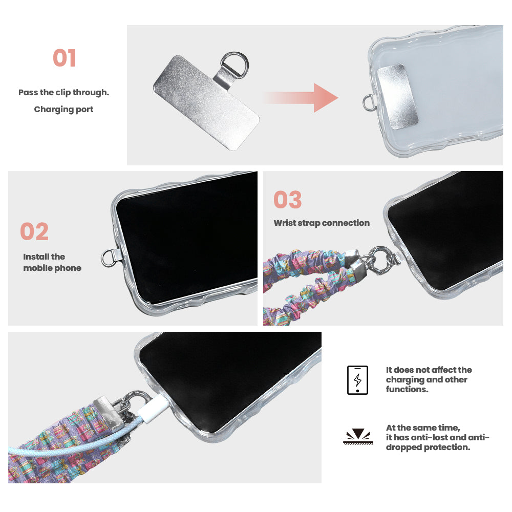 3 steps to attach a No Peeking, Darling scrunchie phone wrist strap: pass the tab through the charging port, fit the case, clip on the wrist strap