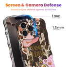 Trendy wavy iPhone case featuring a brown giraffe print, a pink cowboy hat, and an illustration of a cowgirl riding a horse with a high-gloss finish.
