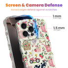 Trendy wavy white iPhone case featuring a cottagecore farmhouse pattern of cows with pink bows, strawberries, red tractors, and watering cans with a high-gloss finish.