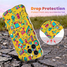 Trendy yellow wavy iPhone case featuring a vibrant 90s pop culture pattern of cassette tapes, roller skates, boomboxes, and smileys with a high-gloss finish.