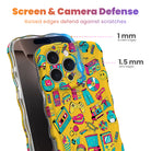 Trendy yellow wavy iPhone case featuring a vibrant 90s pop culture pattern of cassette tapes, roller skates, boomboxes, and smileys with a high-gloss finish.