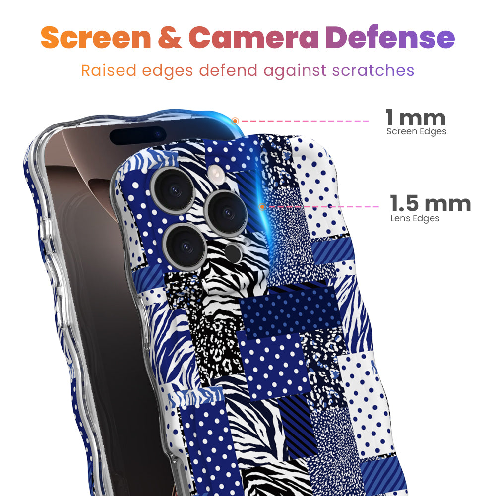 Sending Mixed Signals Wavy Luxe MagSafe iPhone case with a blue and white mixed-pattern patchwork design from Fancy Bands
