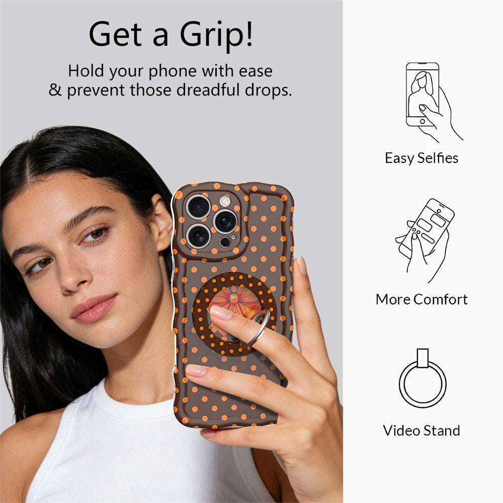 Get a Grip infographic for the Spotted Looking Cute MagSafe grip ring, showing a model holding her phone one-handed plus easy selfies, added comfort, and video stand uses.