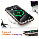 Wireless charging diagram showing the Spotted Looking Cute Wavy Luxe iPhone case charging on a MagSafe pad with the case still on.