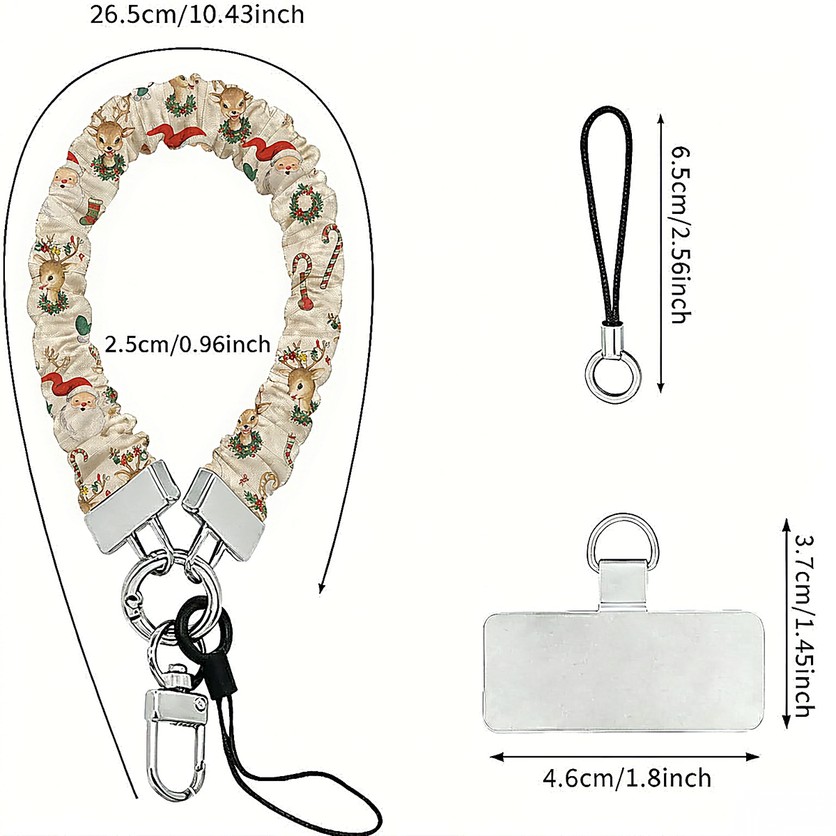 Vintage Christmas scrunchie phone wrist strap dimensions: 26.5 cm strap, 2.5 cm wide, 6.5 cm loop, 4.6 x 3.7 cm phone tab