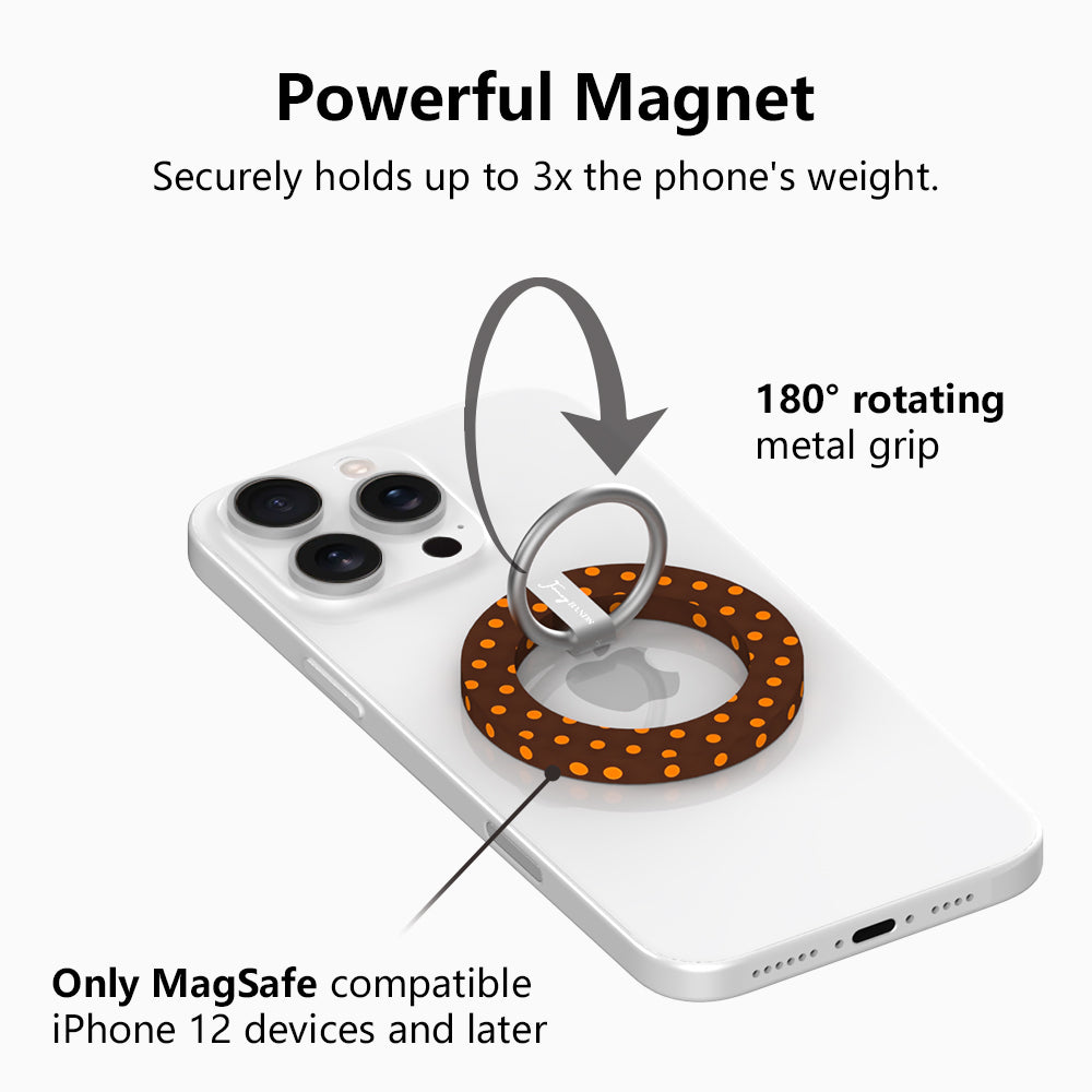 Powerful magnet diagram for the Spotted Looking Cute MagSafe grip ring, showing the 180 degree rotating metal grip that holds up to three times the phone's weight on MagSafe iPhone 12 and later.