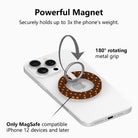 Powerful magnet diagram for the Spotted Looking Cute MagSafe grip ring, showing the 180 degree rotating metal grip that holds up to three times the phone's weight on MagSafe iPhone 12 and later.