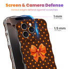 Screen and camera defense diagram for the Spotted Looking Cute iPhone case, showing the 1 mm raised screen edge and 1.5 mm raised lens edge that guard against scratches.