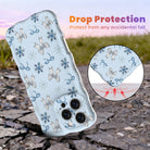 Snow Pretty In Blue Wavy Luxe MagSafe iPhone case, silver bows and navy snowflakes on powder blue, with shock-absorbing corners for drop protection