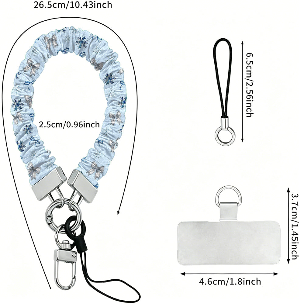 Snow Pretty In Blue scrunchie wrist strap dimensions: 26.5 cm strap, 2.5 cm wide, 6.5 cm loop, 4.6 x 3.7 cm phone tab