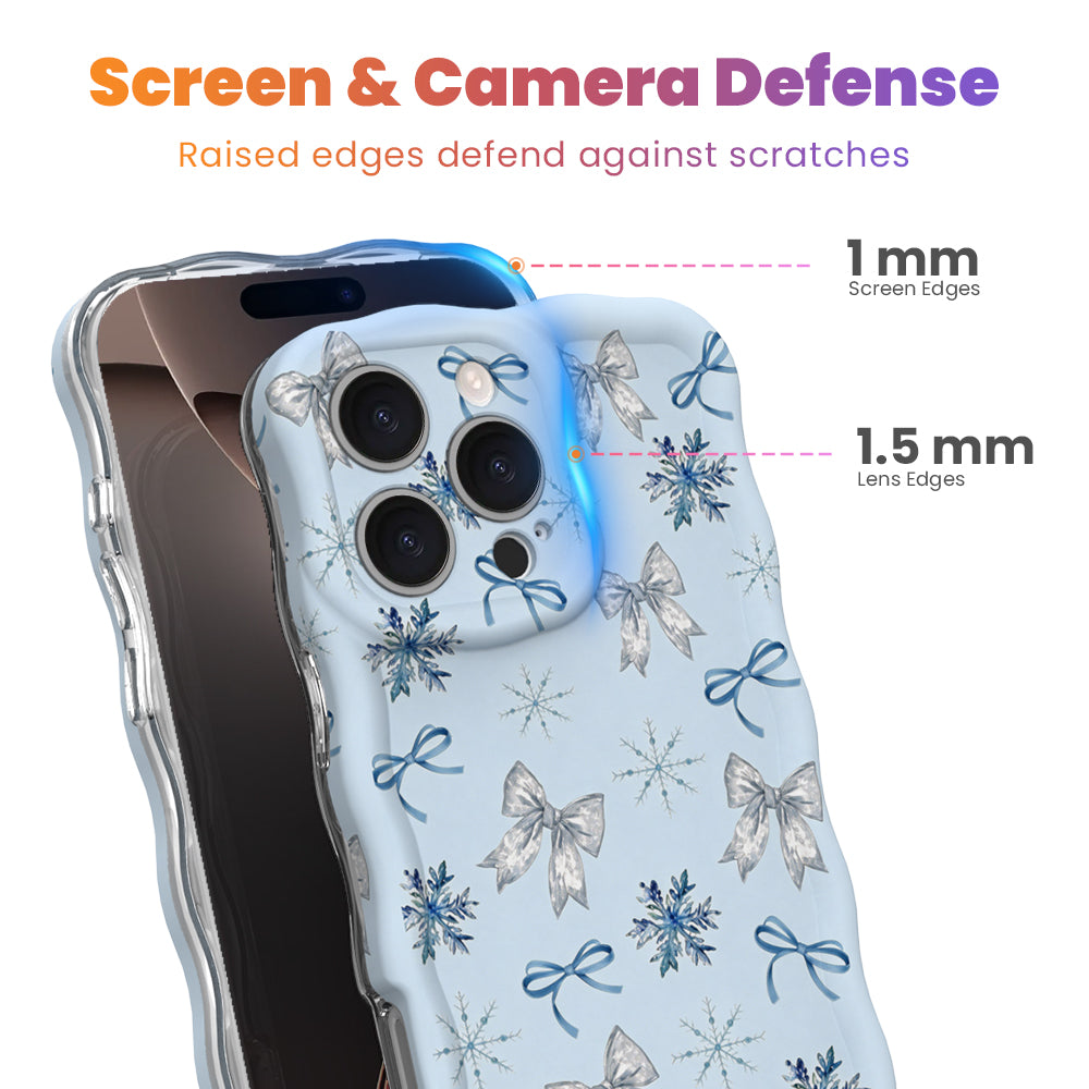 Snow Pretty In Blue iPhone case with 1 mm raised screen edges and 1.5 mm raised camera lens edges, blue snowflake and bow print