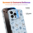Snow Pretty In Blue iPhone case with 1 mm raised screen edges and 1.5 mm raised camera lens edges, blue snowflake and bow print